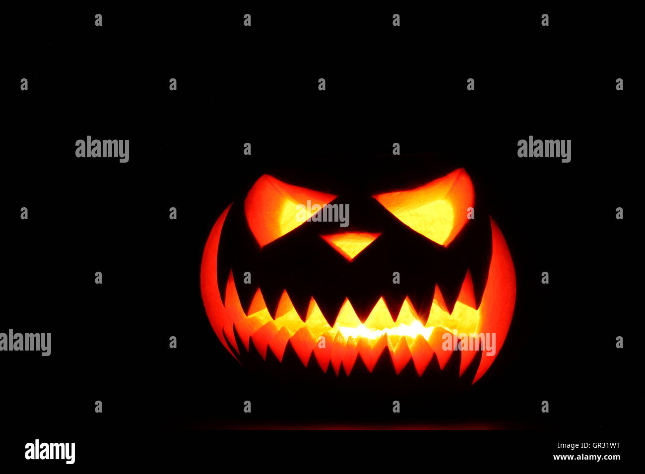 Spooky halloween pumpkin Lantern shiny inside on black background Stock Photo