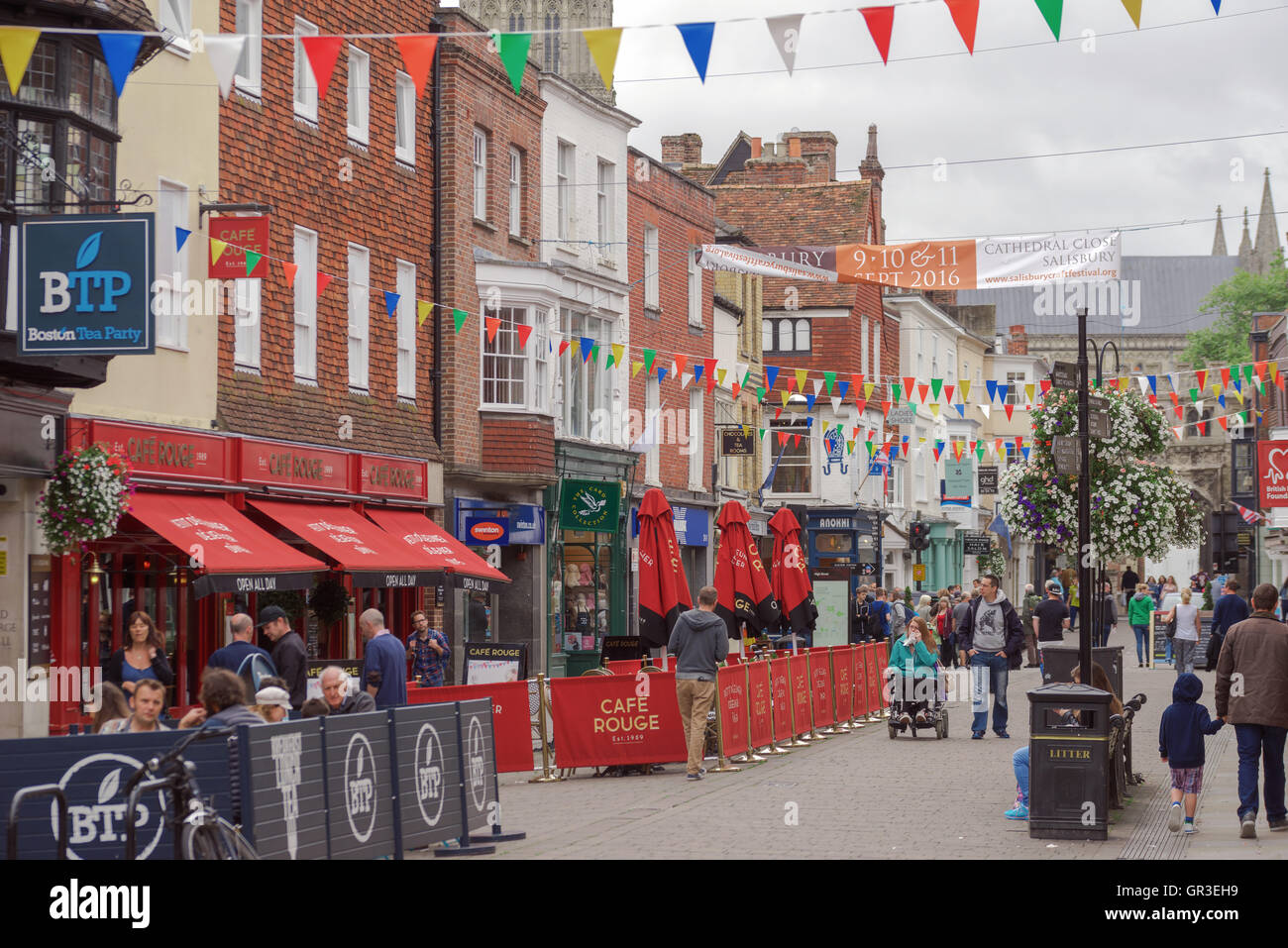 A busy shopping street in Salisbury Stock Photo