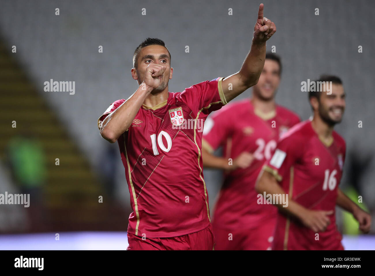 Serbia's Dusan Tadic celebrates scoring his side's second goal of the game from the penalty spot during the 2018 FIFA World Cup Qualifying, Group D match at the Rajko Mitic Stadium, Belgrade. Stock Photo