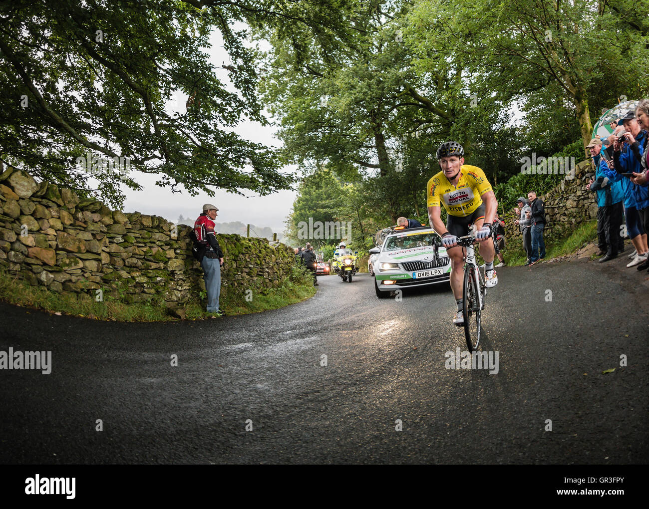 Andre Greipel, yellow jersey, climbing the Struggle on the second stage of the 2016 Tour of Britain cycle race. Stock Photo