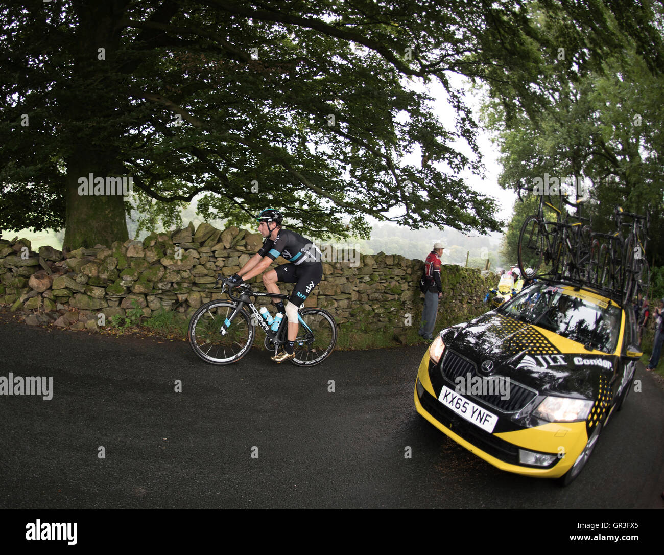 Elia Viviani, Team Sky, climbing the Struggle on the second stage of the 2016 Tour of Britain cycle race. Stock Photo
