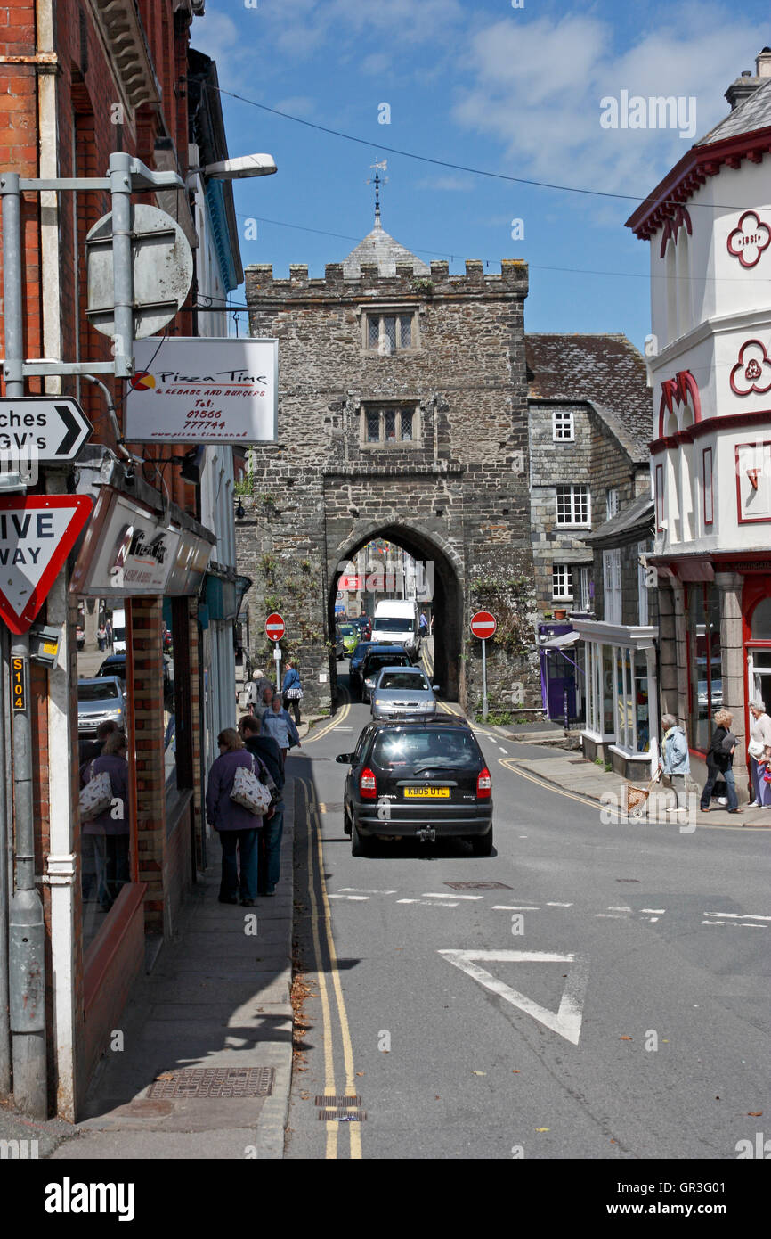 The Town Gate from Southgate Street in Launceston, Cornwall, England Stock Photo