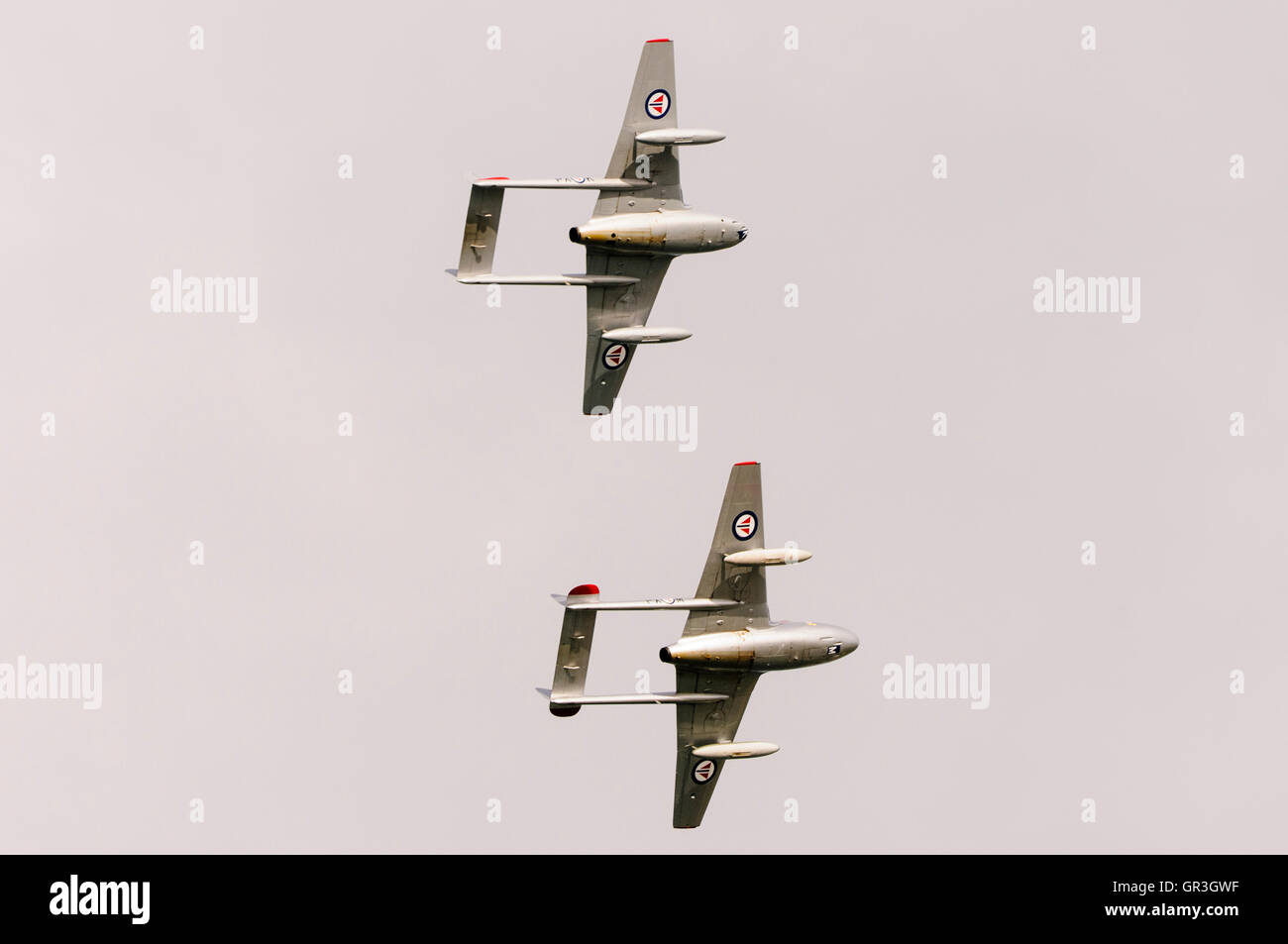 Pair of ex-Norwegian Air Force De Havilland DH.100 Vampire aircraft (SE-DXS and LN-DHZ) Stock Photo