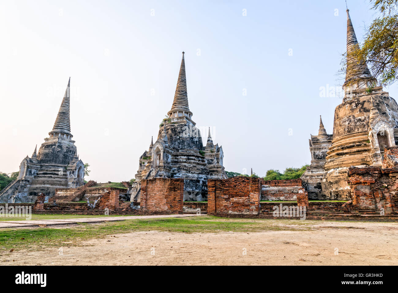 Ruins of ancient architecture three pagoda of Wat Phra Si Sanphet old temple famous attractions at Phra Nakhon Si Ayutthaya Stock Photo