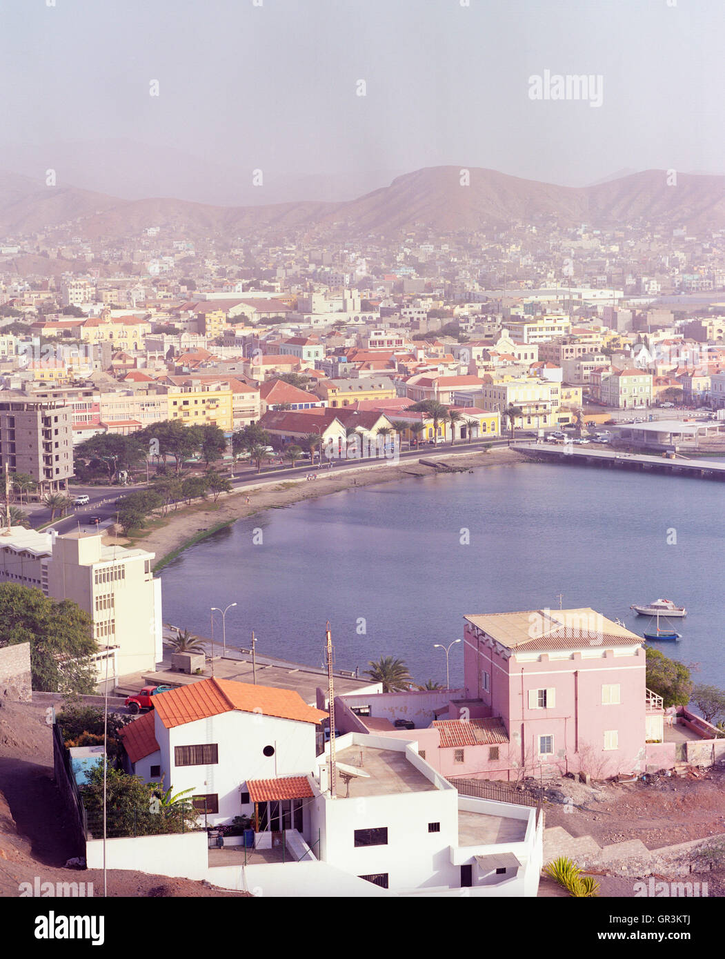 A view of the harbor in the city of Mindelo. Sao Vicente Island, Cape Verde, Africa. Stock Photo