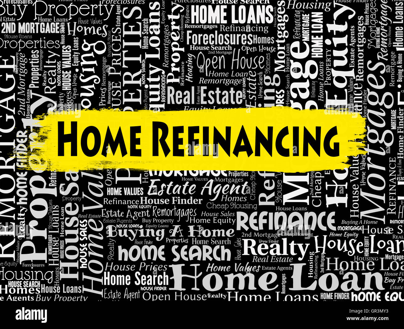 Home Refinancing Indicating House Properties And Financial Stock Photo