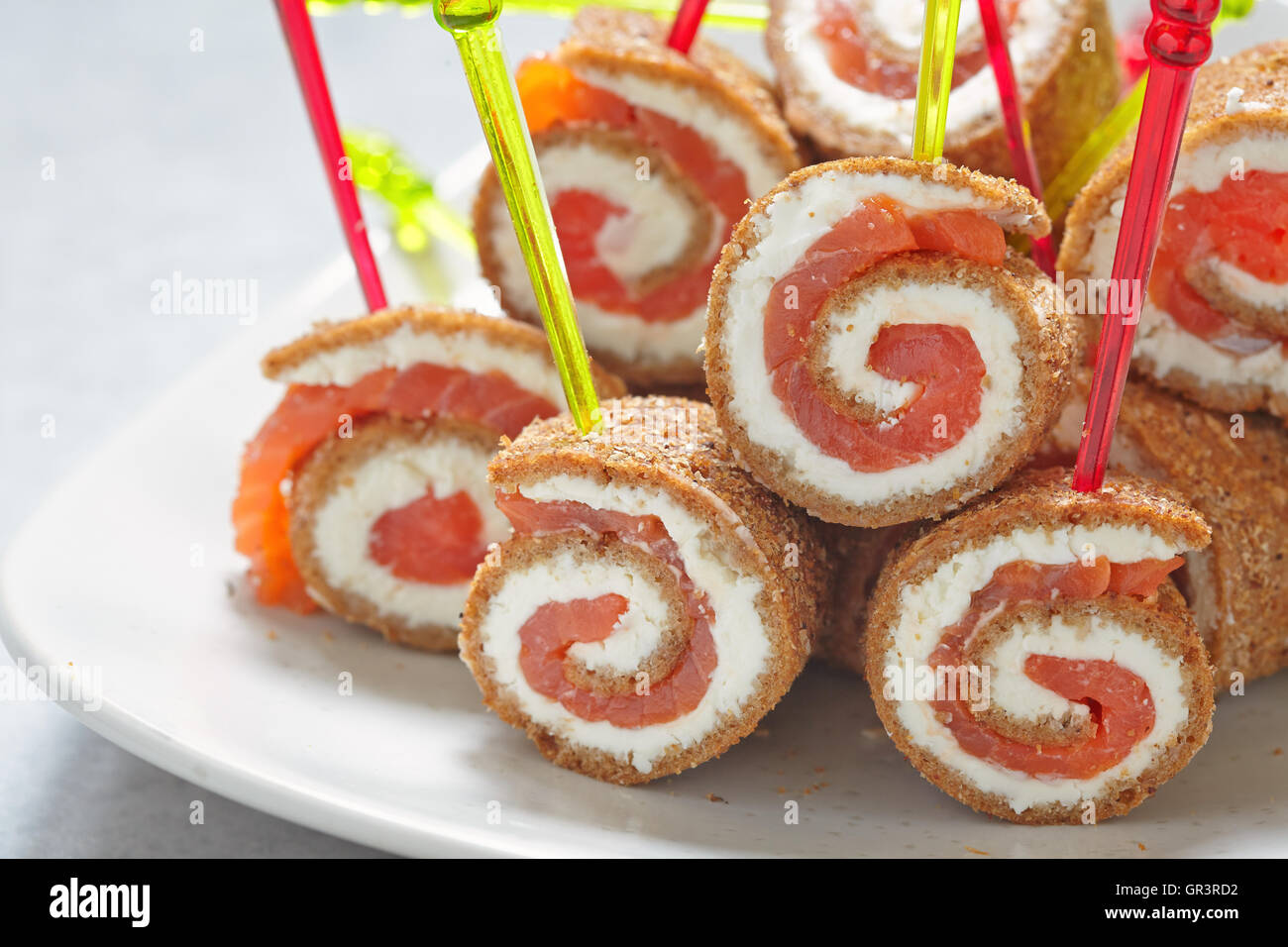 Tiny salmon canape with bread and cream cheese Stock Photo