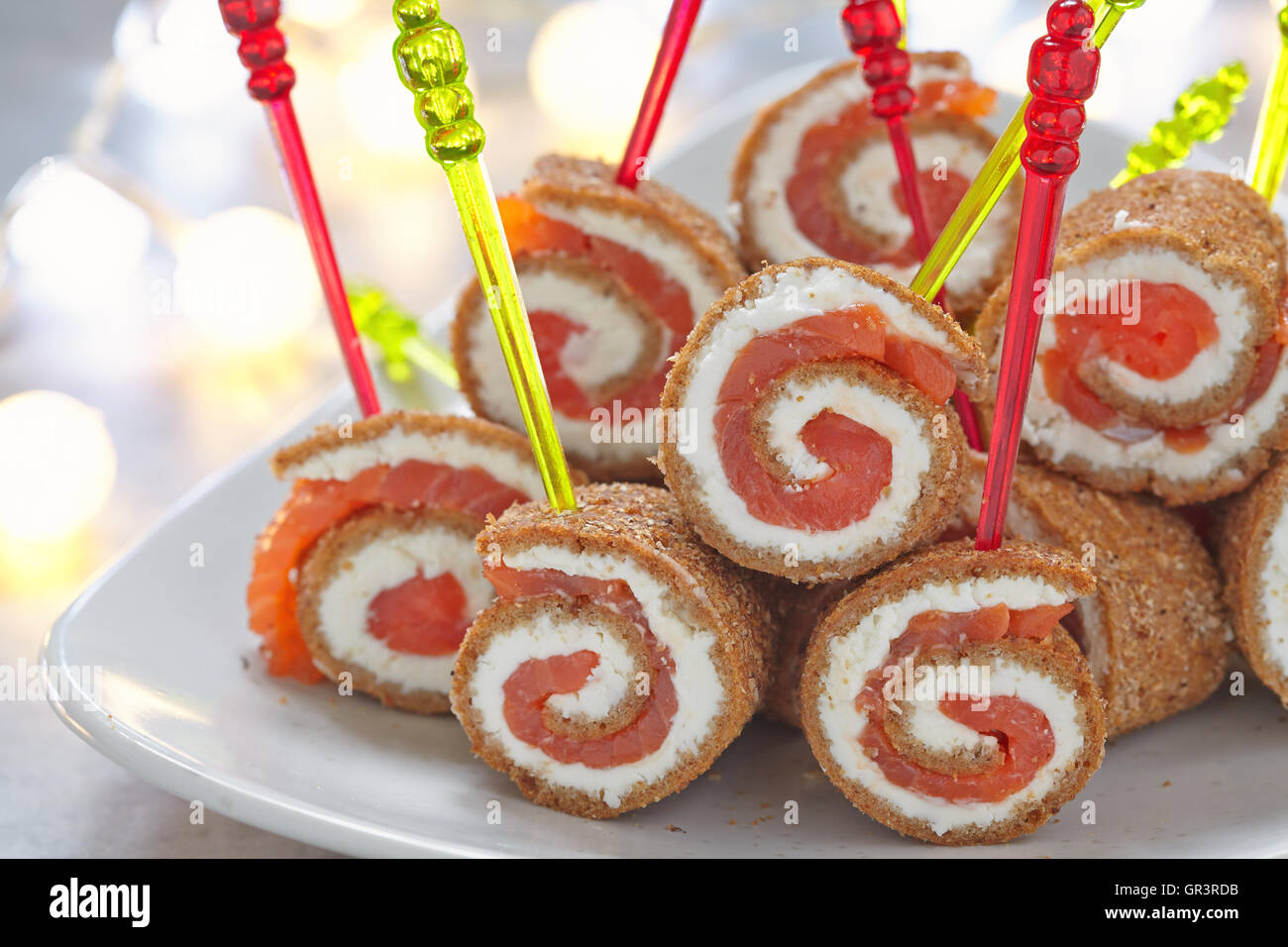 Tiny salmon canape with bread and cream cheese Stock Photo