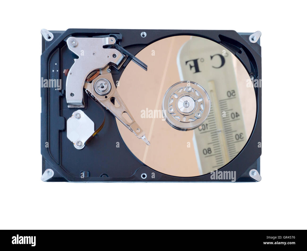 Opened computer hard drive reflecting blurred thermometer isolated on white Stock Photo