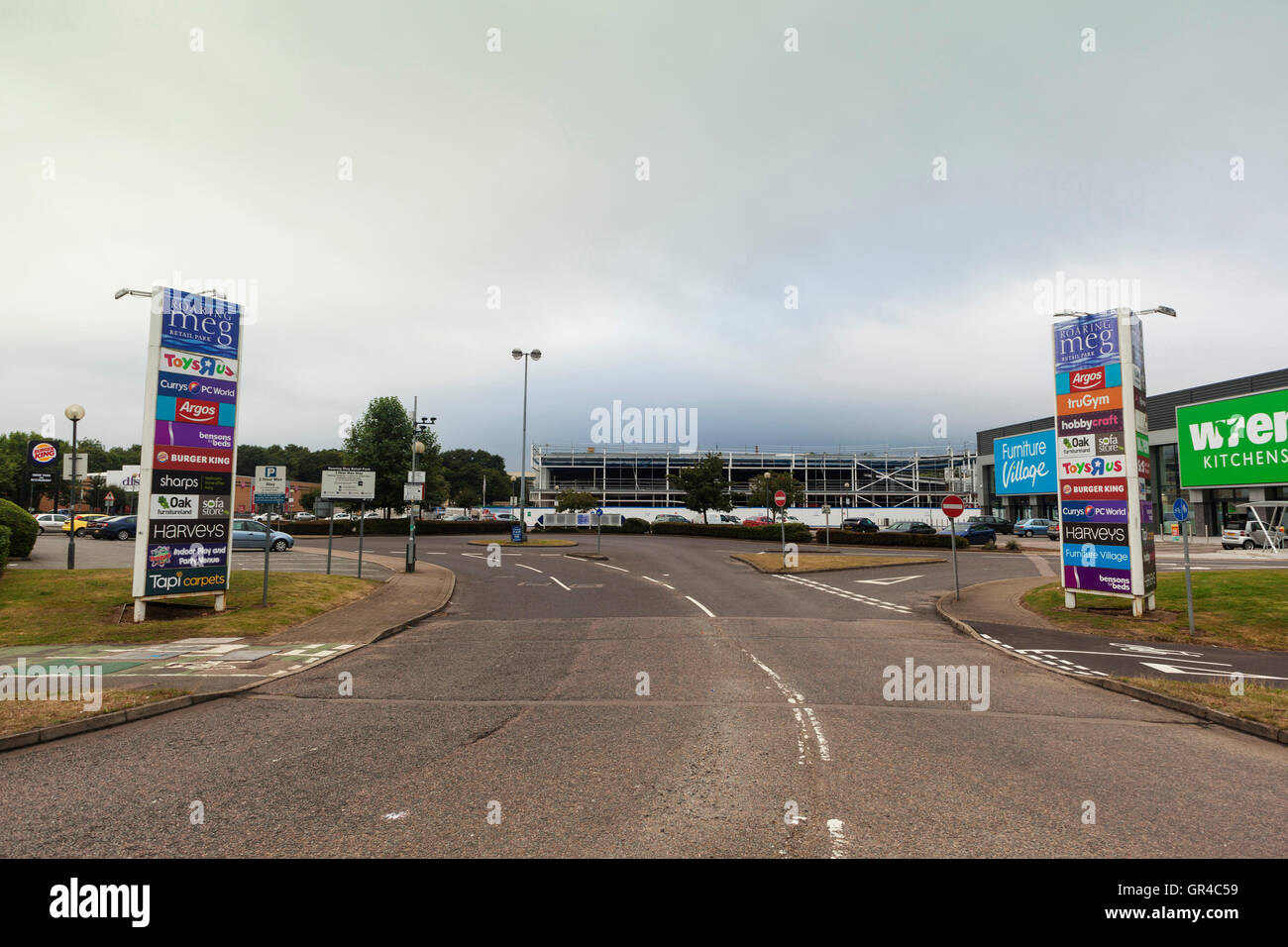 Sign posts of the stores in the Roaring Meg retail park in the beautiful county of Hertfordshire England Stock Photo