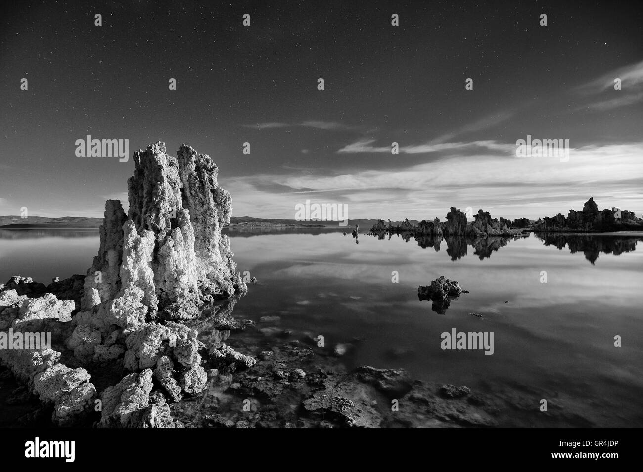 Mono Lake, with it's strange limestone formations known as 'tufa,' is located in the Eastern Sierra of Northern California. Stock Photo