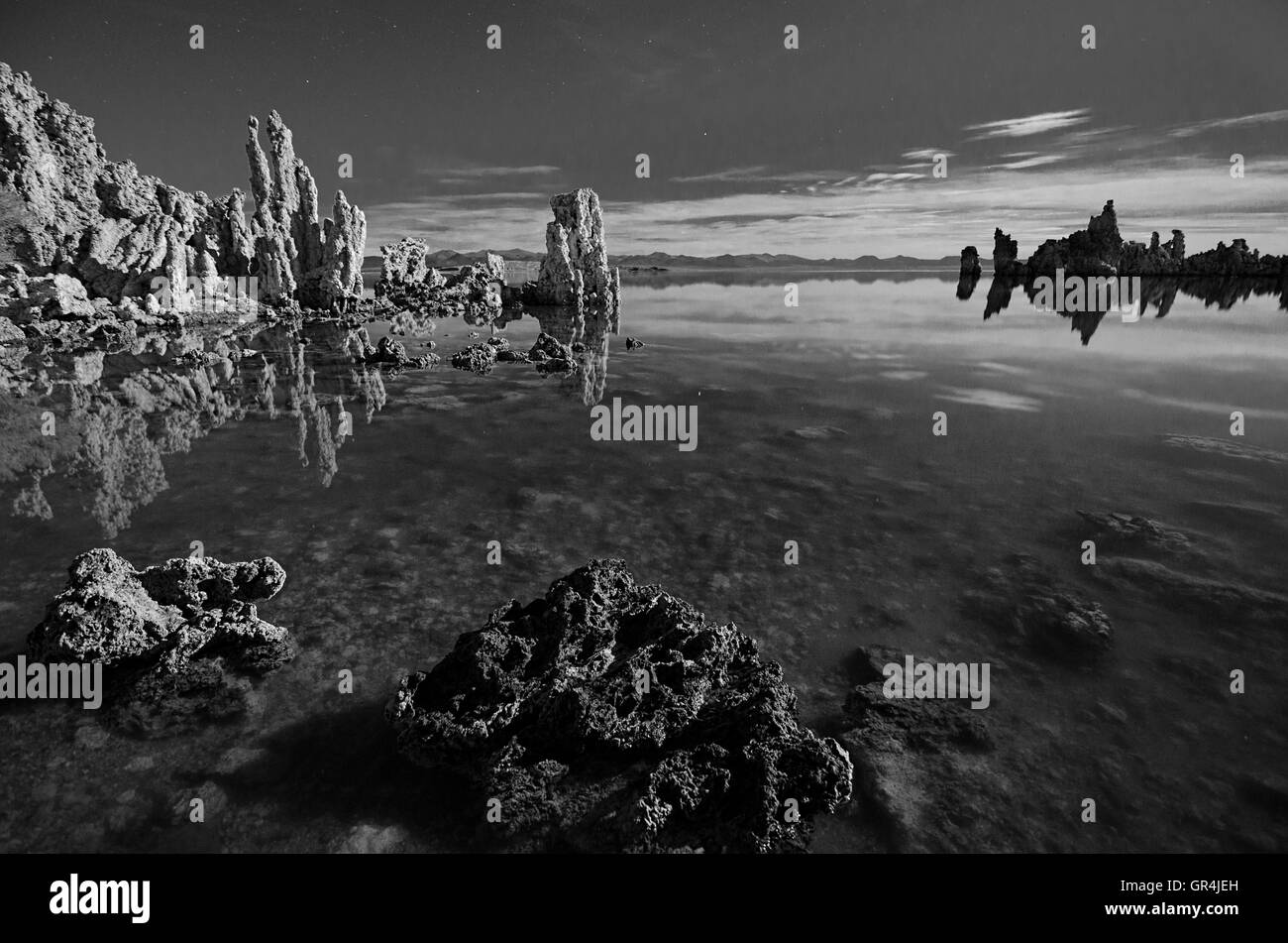 Mono Lake, with it's strange limestone formations known as 'tufa,' is located in the Eastern Sierra of Northern California. Stock Photo