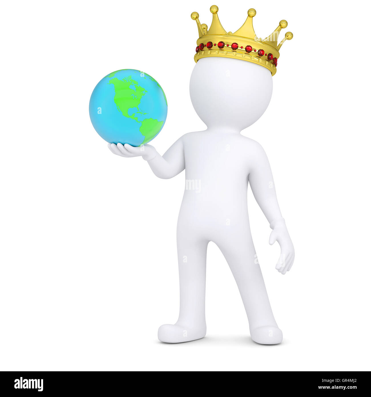 3d white man with a crown holding the Earth Stock Photo
