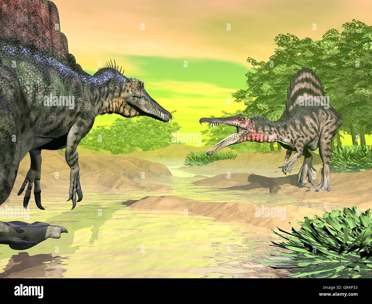 Spinosaurus dinosaurs fight - 3D render Stock Photo
