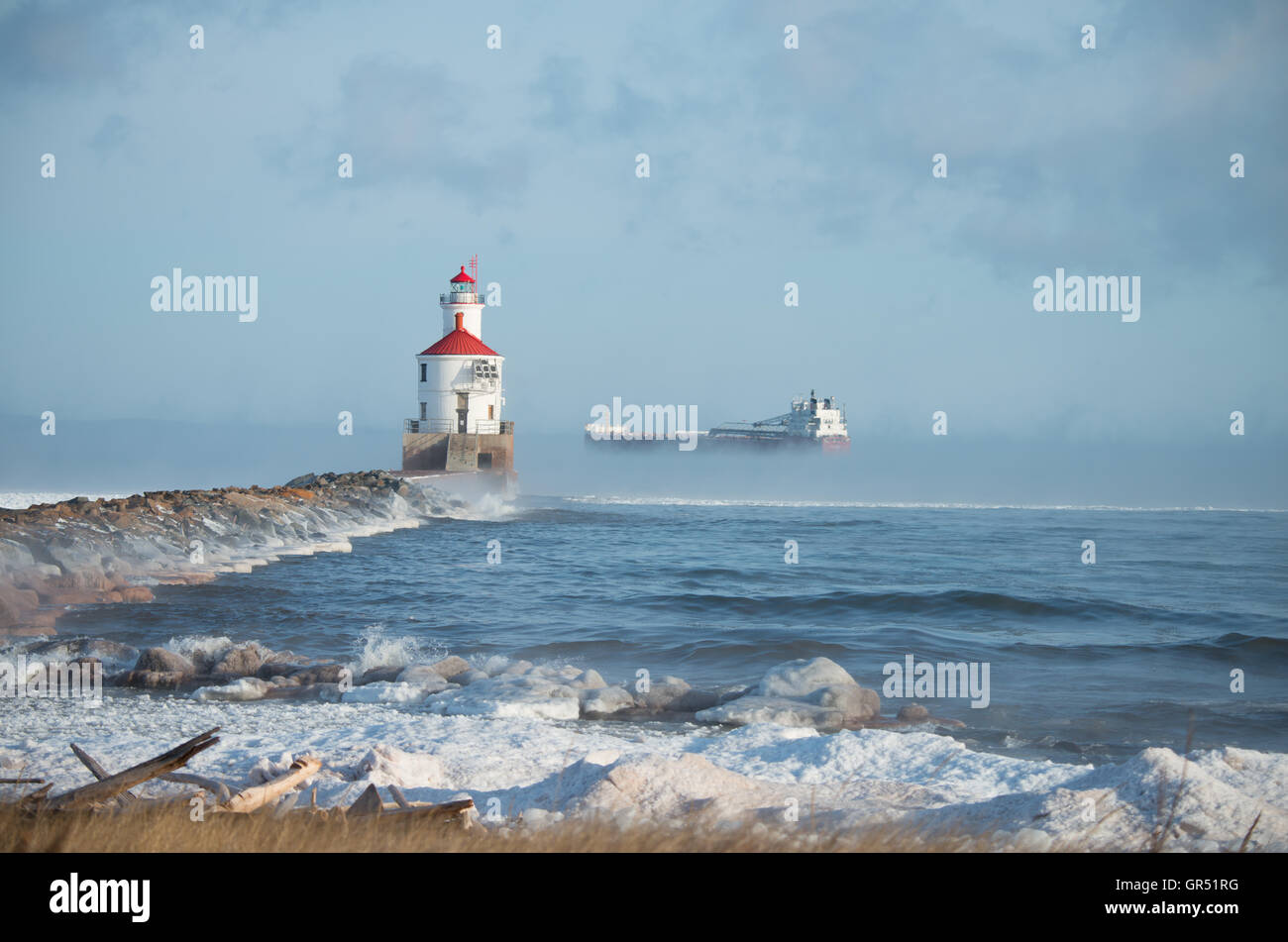 Lake Superior Lighthouse in Winter Stock Photo