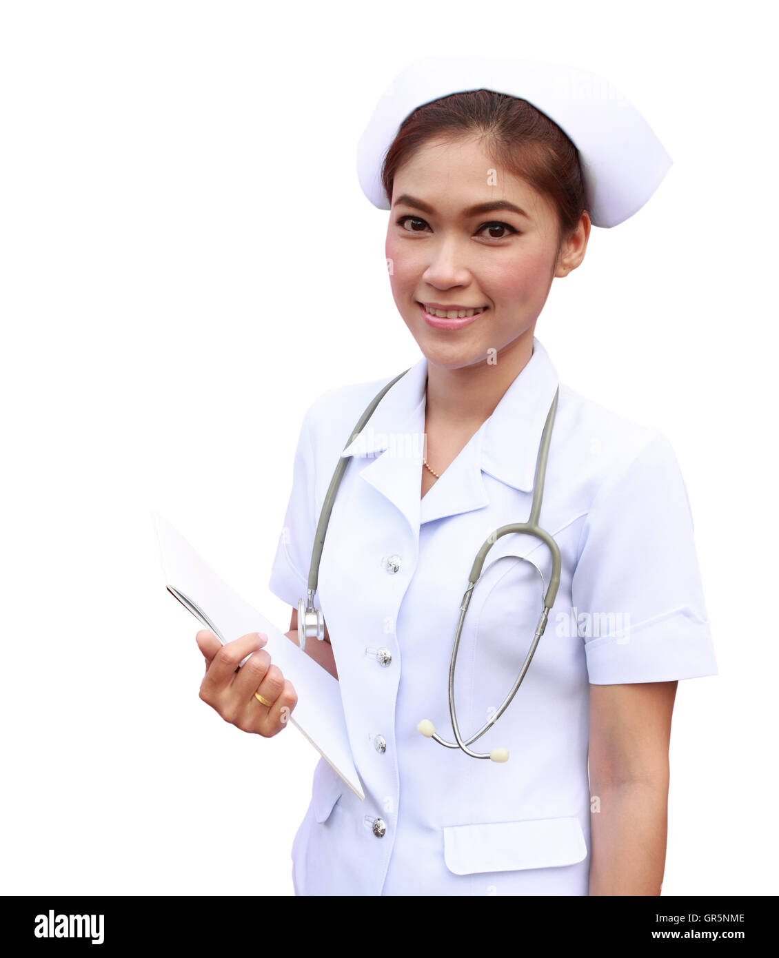 young nurse holding medical report and stethoscope Stock Photo Alamy
