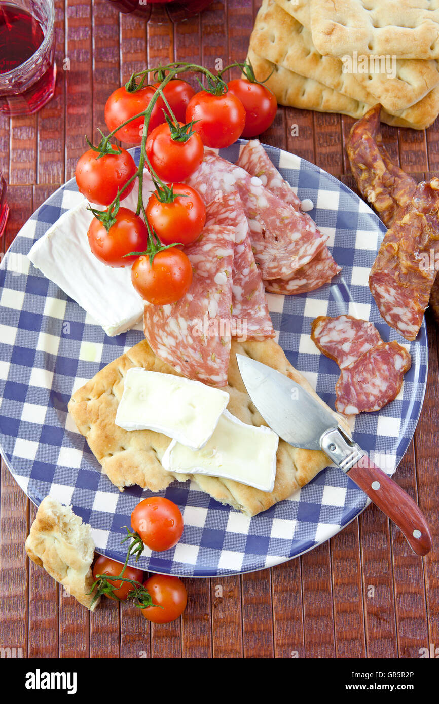 Cheese, salami and flat bread Stock Photo Alamy