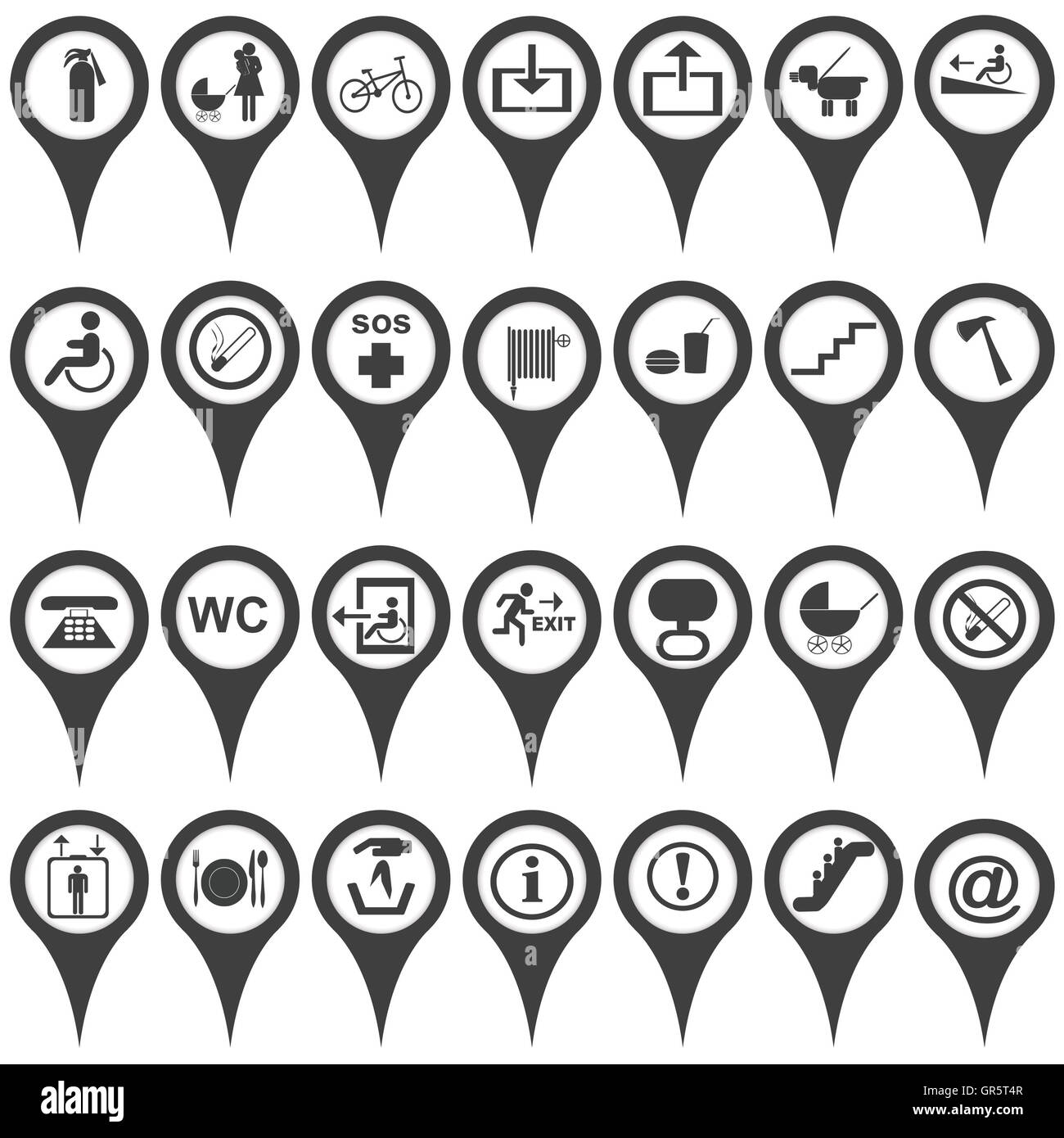 Collection of map markers with international service signs Stock Photo