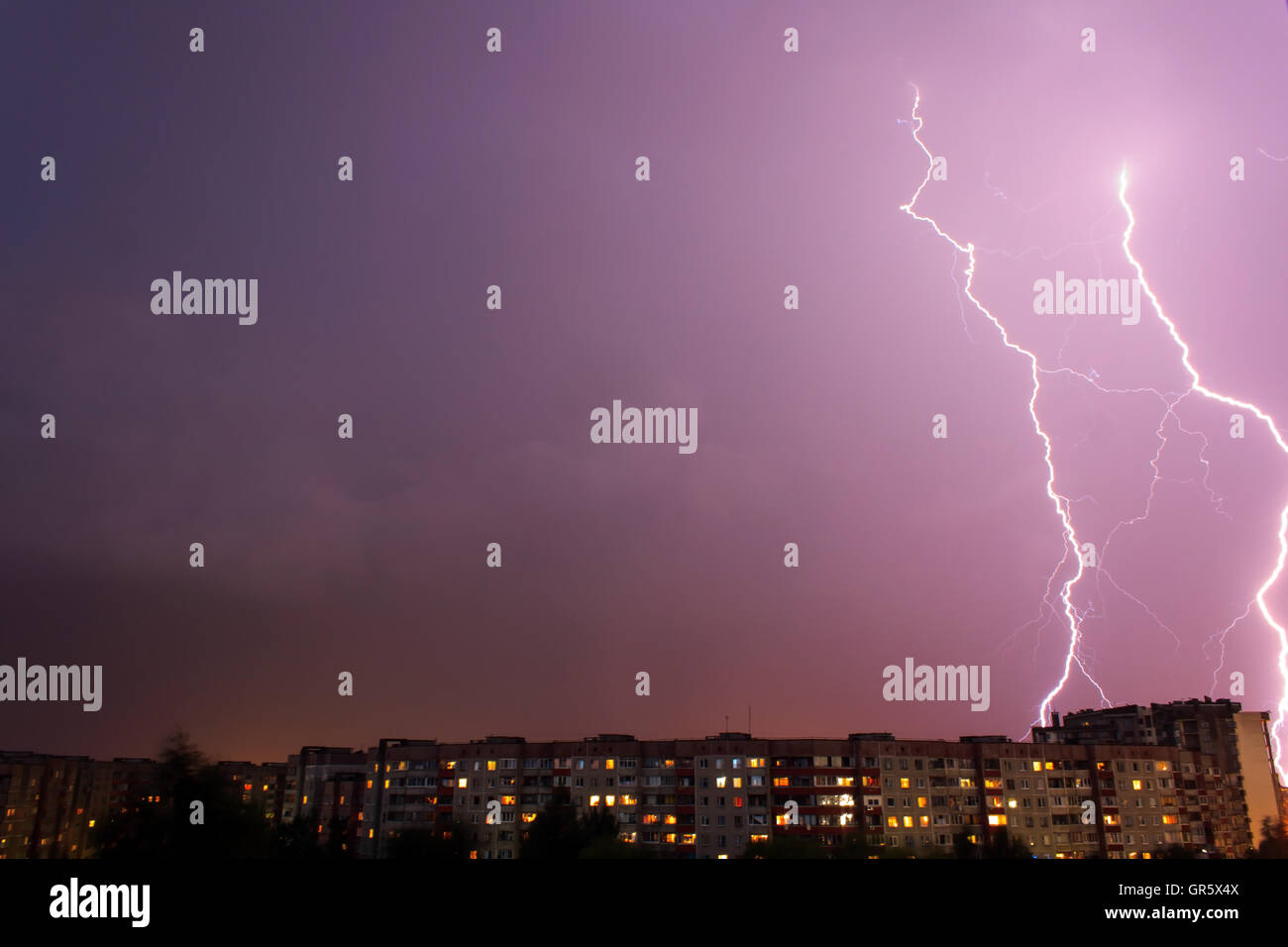 lightning over big city Stock Photo Alamy