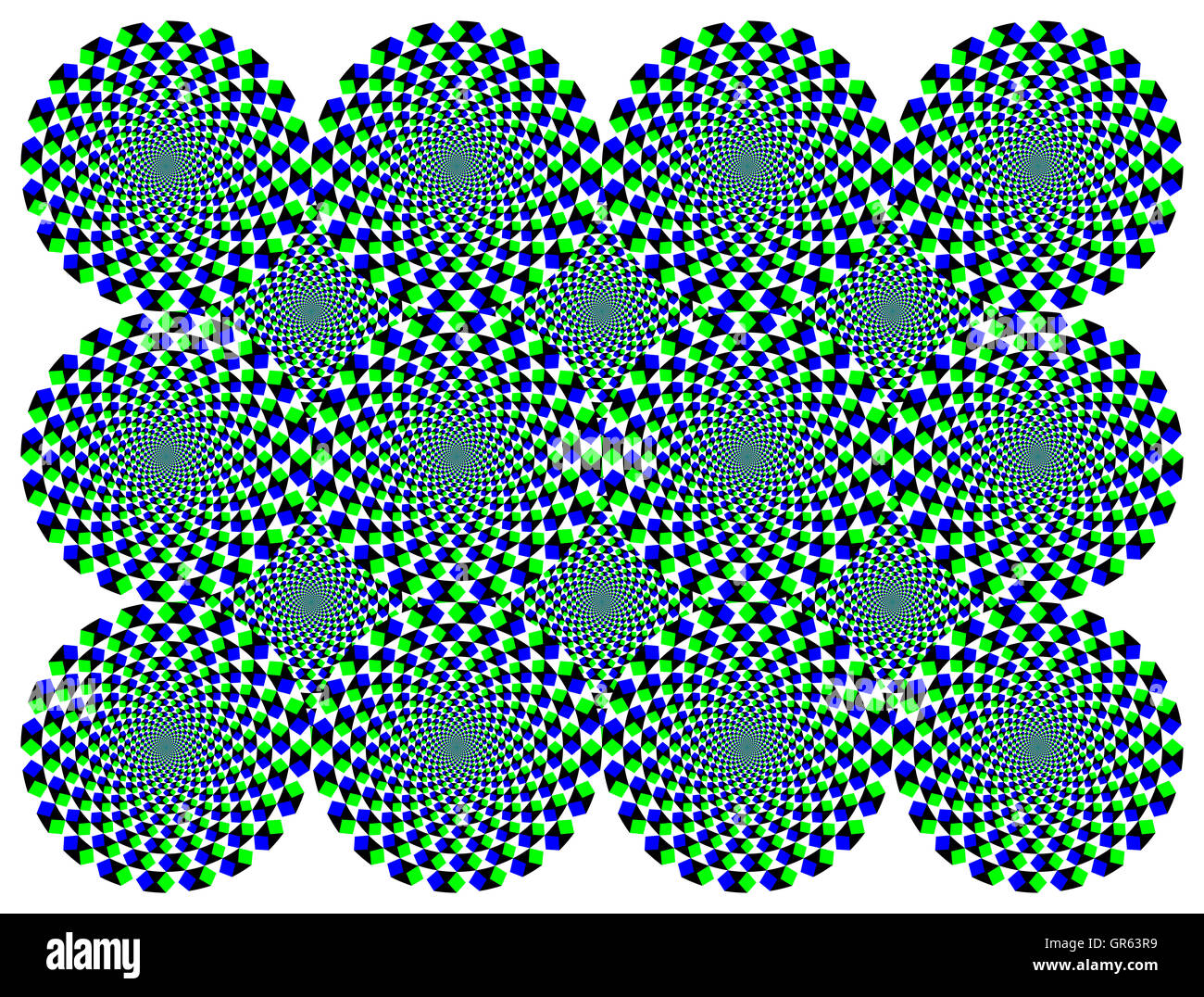 Rotating diamond wheels motion illusion. The wheels with blue and green diamonds seem to move clockwise when moving the eyes. Stock Photo