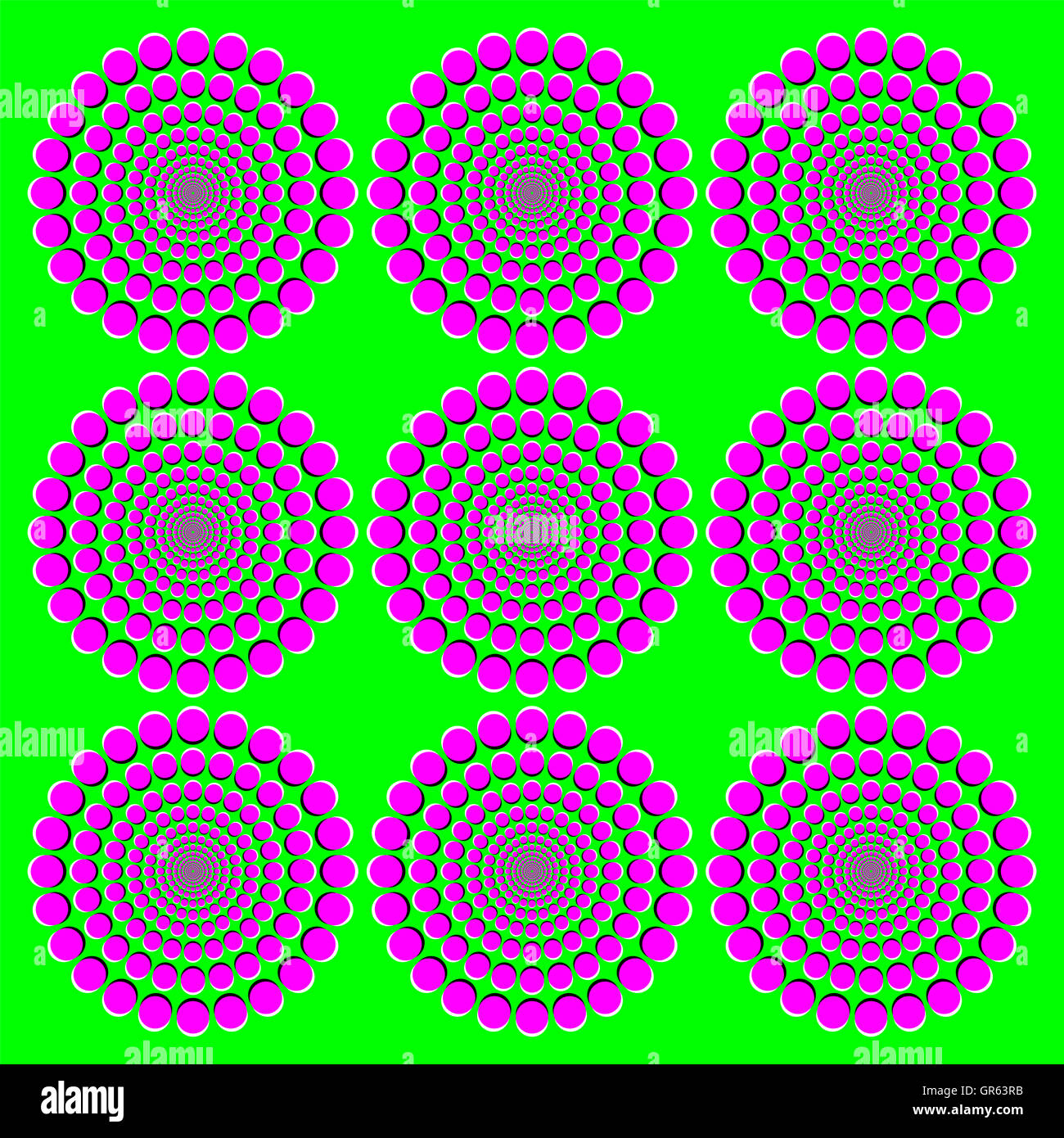 Blooming pink wheels motion illusion. It seems the wheels with magenta dots on green background become bigger when moving eyes. Stock Photo