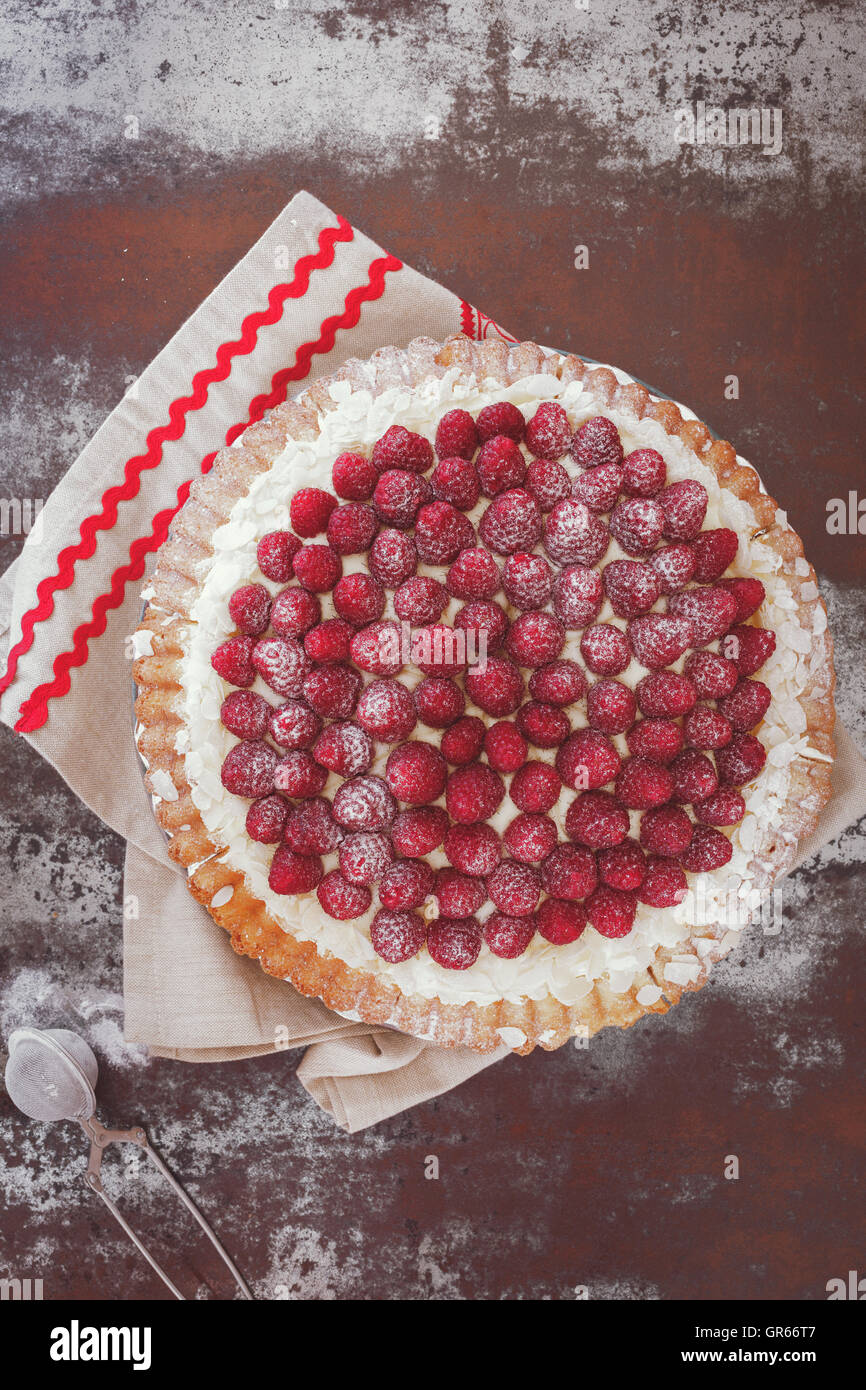 Raspberry tart with vanilla cream and icing sugar. Macro, selective focus, vintage toned image, blank space Stock Photo