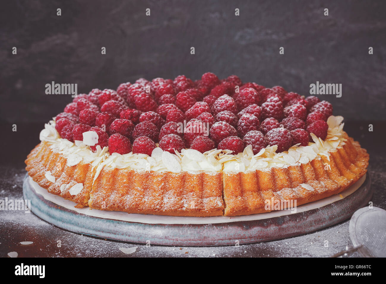 Raspberry tart with vanilla cream and icing sugar. Macro, selective focus, vintage toned image, blank space Stock Photo