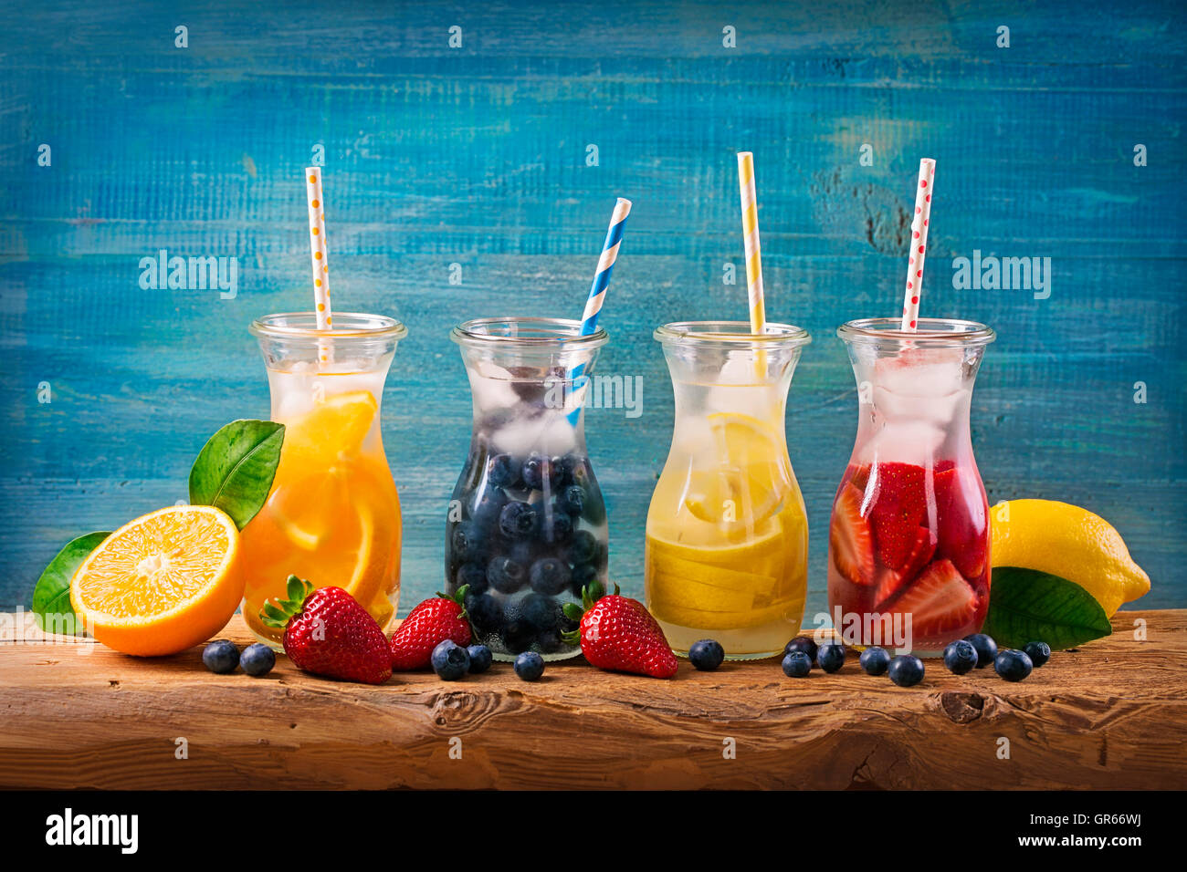 Summer fruit drinks on a wooden table Stock Photo