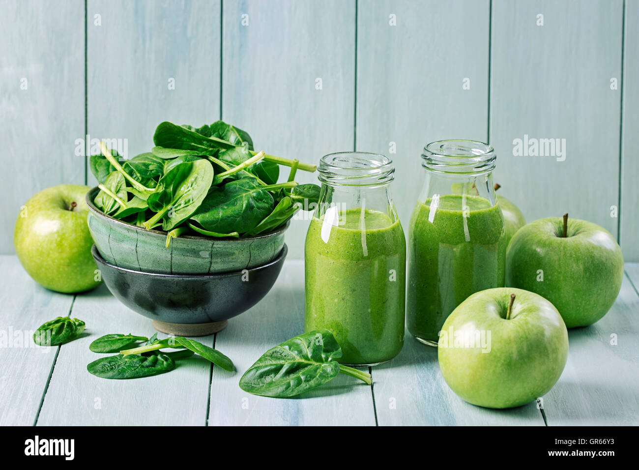 Green smoothie with spinach in glass Stock Photo