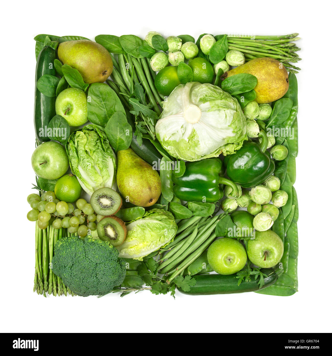 Square of green fruits and vegetables isolated on a white background Stock Photo