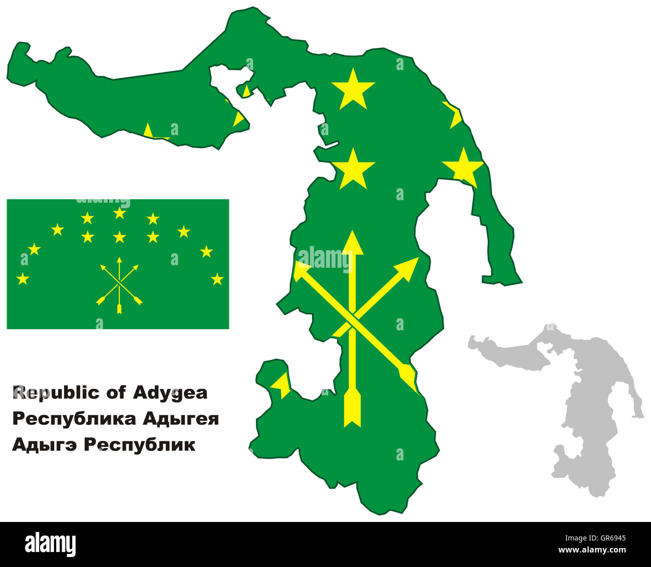 Outline map of Adygea with flag. Regions of Russia. Vector illustration. Stock Photo