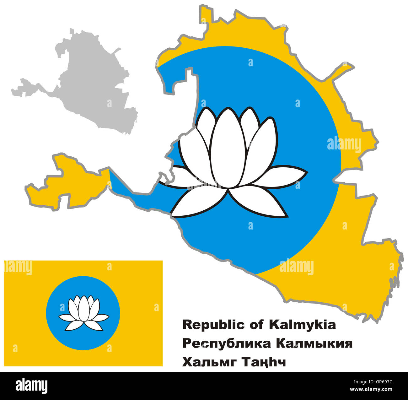 Outline map of Kalmykia with flag. Regions of Russia. Vector illustration. Stock Photo