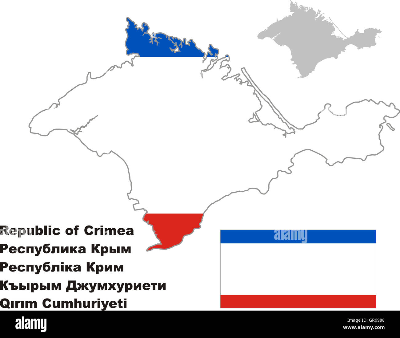 Outline map of Crimea with flag. Regions of Russia. Vector illustration. Stock Photo