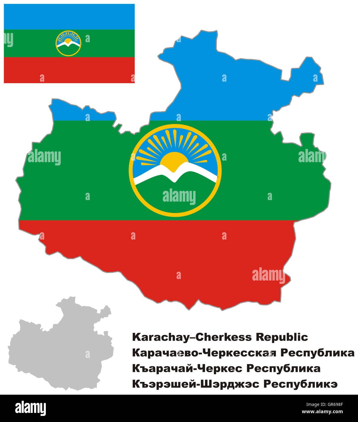 Outline map of Karachay-Cherkessia with flag. Regions of Russia. Vector illustration. Stock Photo