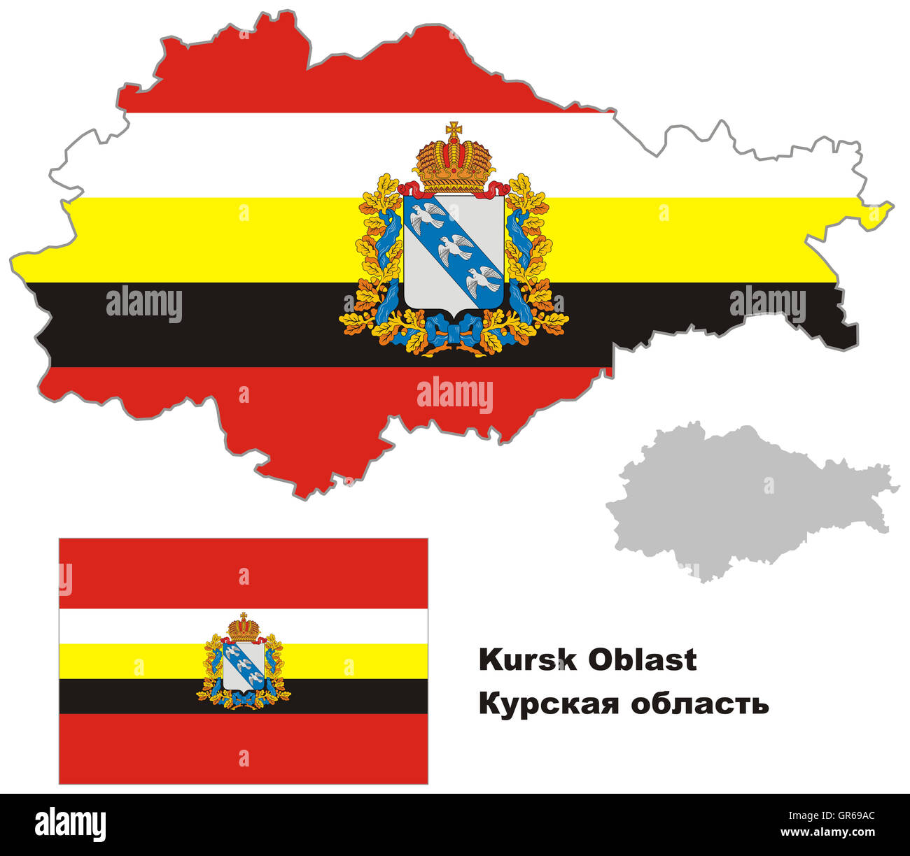 Outline map of Kursk Oblast with flag. Regions of Russia. Vector illustration. Stock Photo