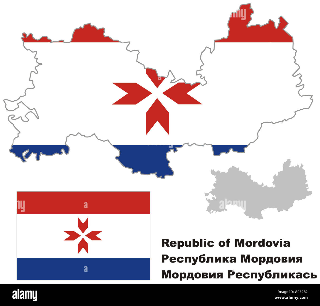 Outline map of Mordovia with flag. Regions of Russia. Vector illustration. Stock Photo