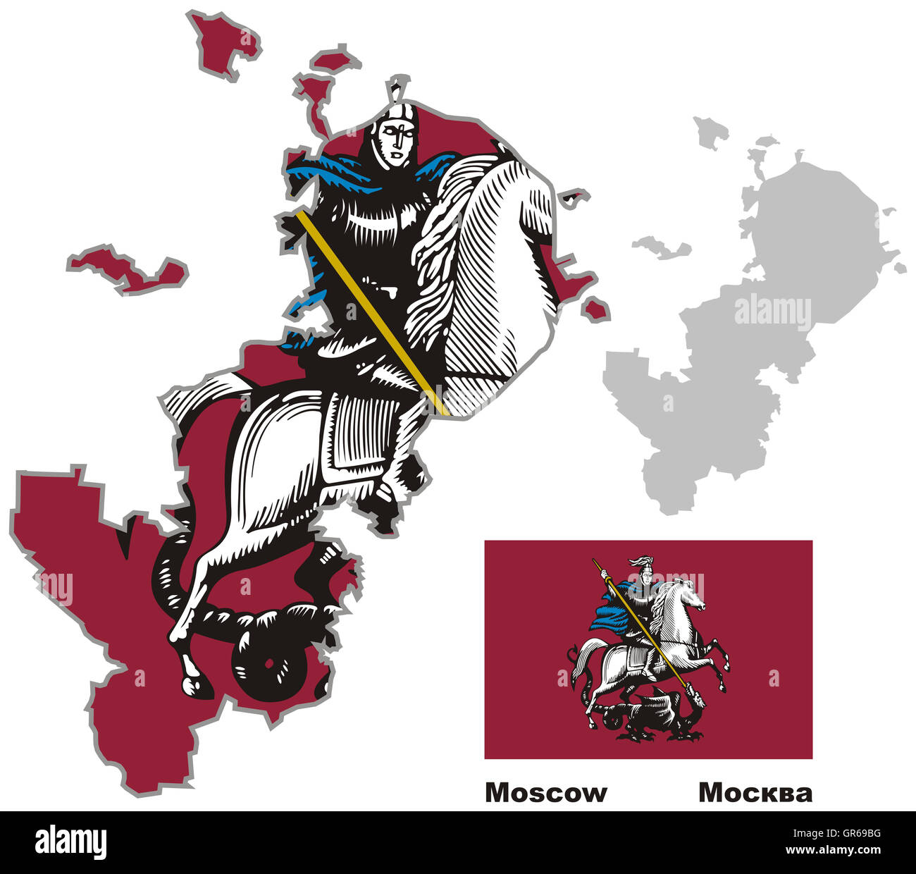Outline map of Moscow with flag. Regions of Russia. Vector illustration. Stock Photo