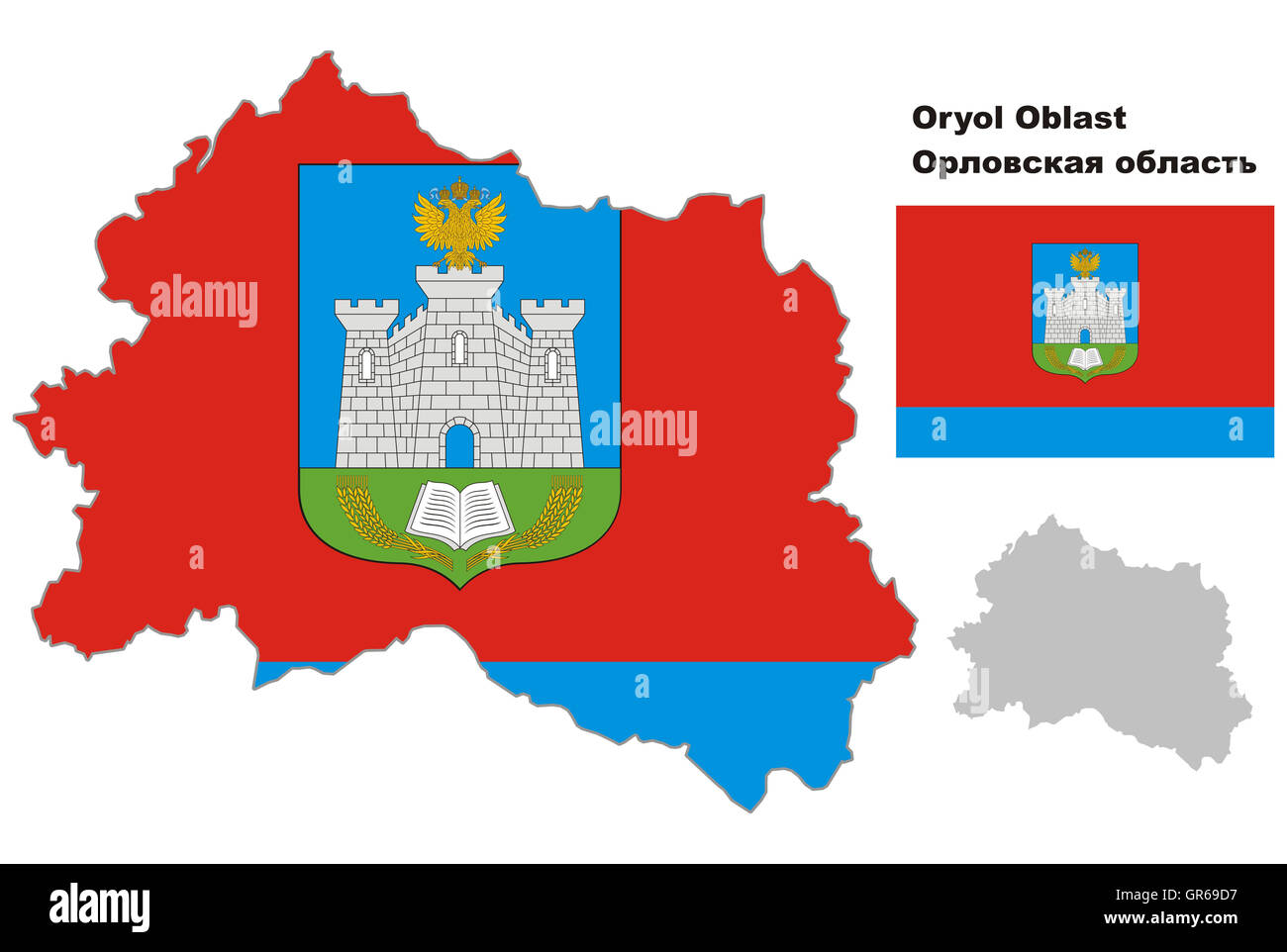 Outline map of Oryol Oblast with flag. Regions of Russia. Vector illustration. Stock Photo