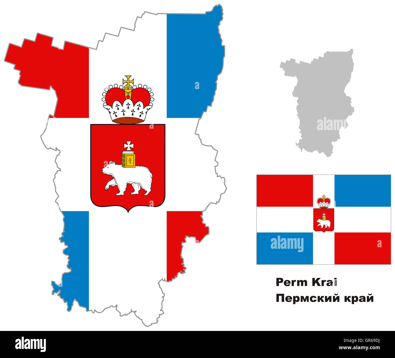 Outline map of Perm Krai with flag. Regions of Russia. Vector illustration. Stock Photo