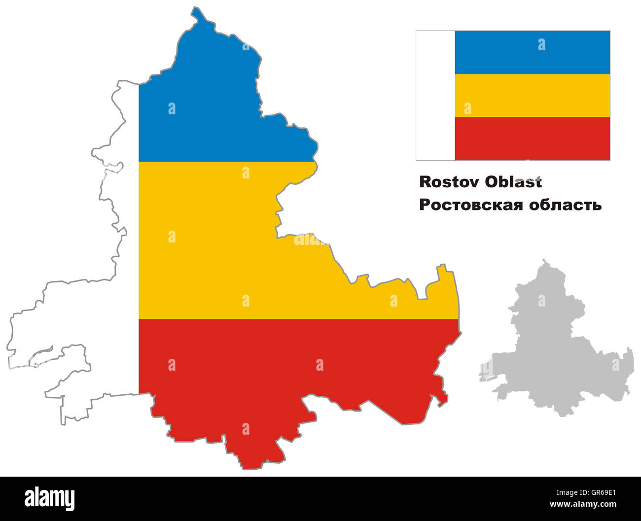 Outline map of Rostov Oblast with flag. Regions of Russia. Vector illustration. Stock Photo