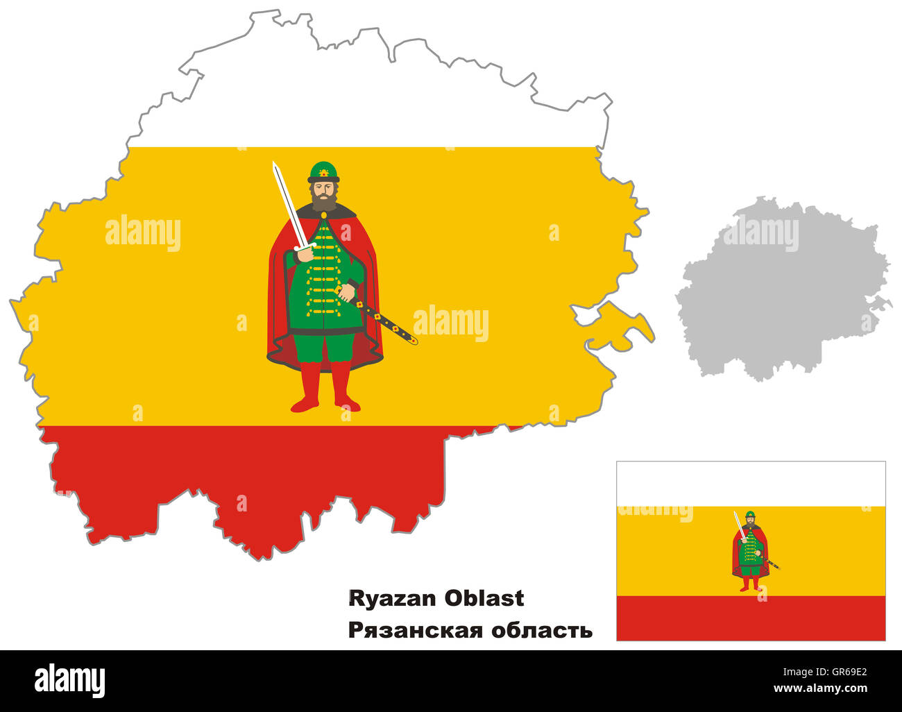 Outline map of Ryazan Oblast with flag. Regions of Russia. Vector illustration. Stock Photo