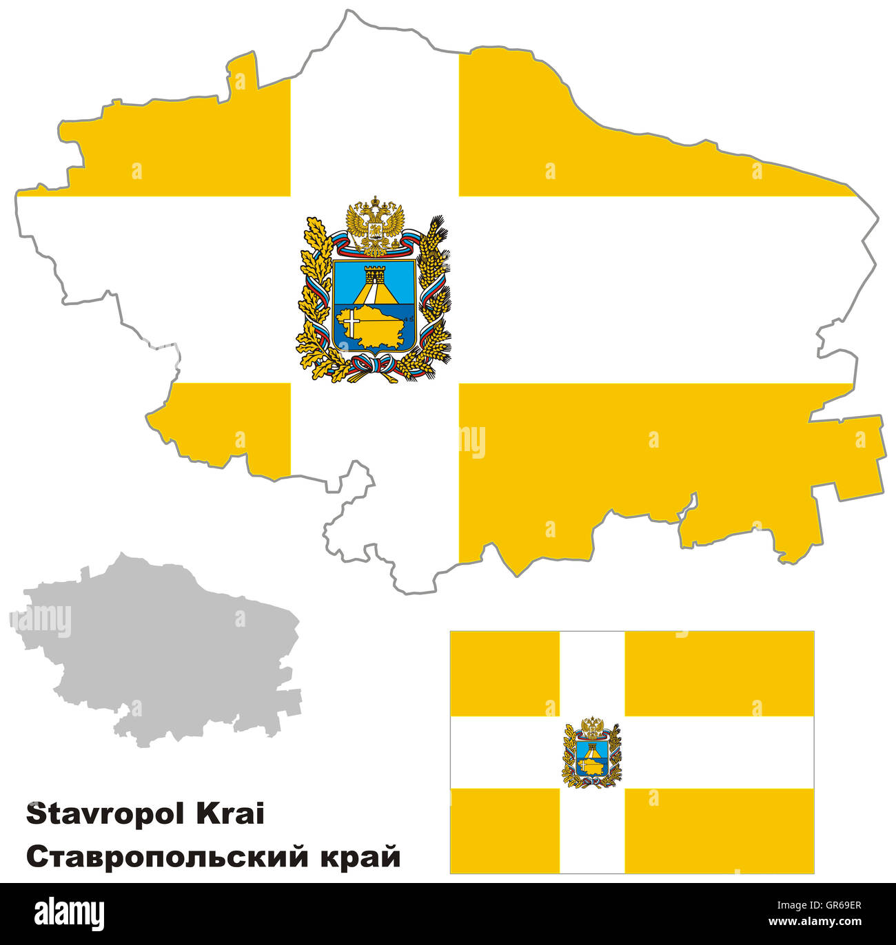 Outline map of Stavropol Krai with flag. Regions of Russia. Vector illustration. Stock Photo