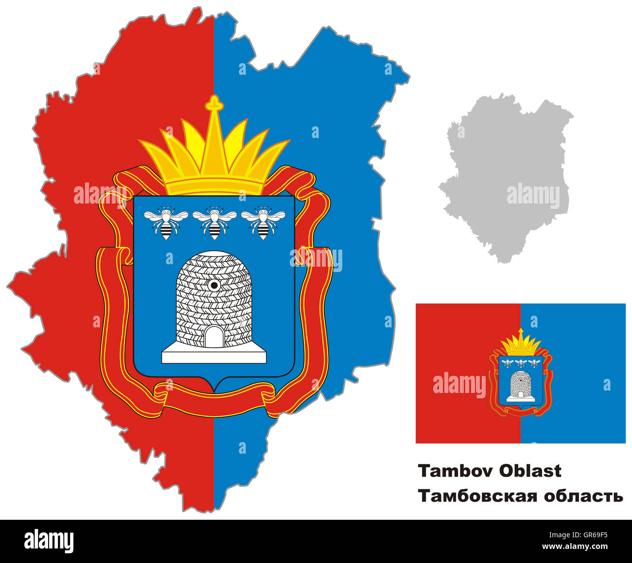 Outline map of Tambov Oblast with flag. Regions of Russia. Vector illustration. Stock Photo