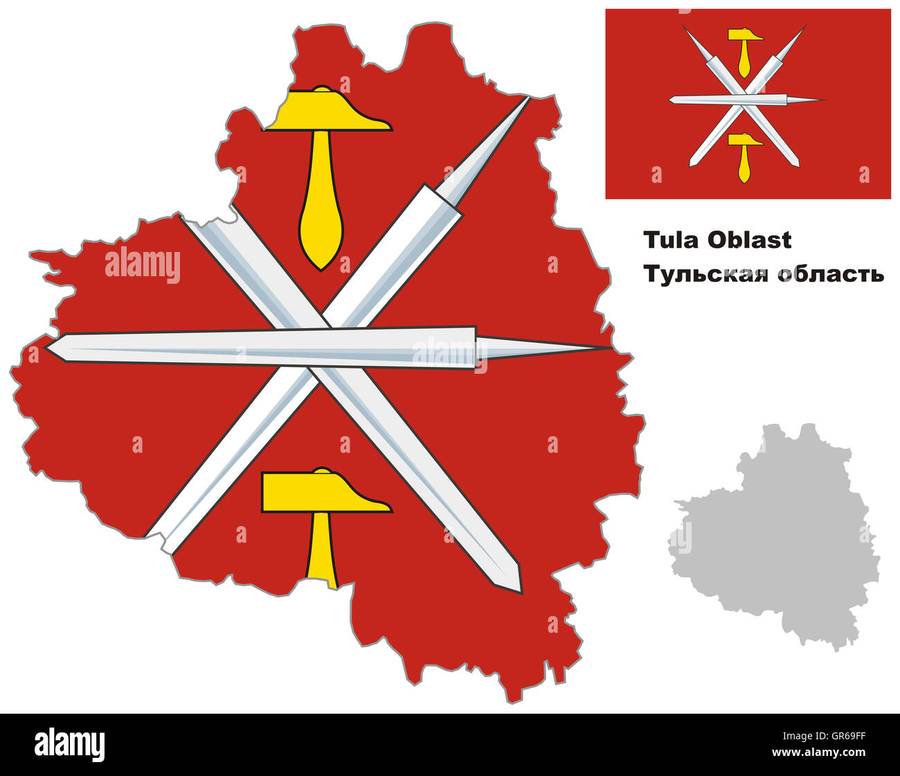 Outline map of Tula Oblast with flag. Regions of Russia. Vector illustration. Stock Photo