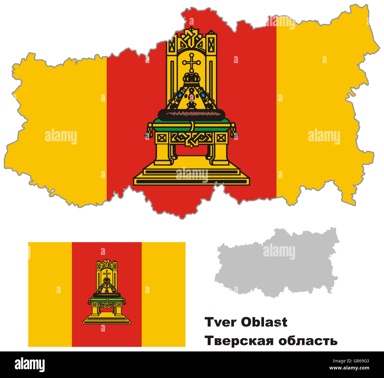 Outline map of Tver Oblast with flag. Regions of Russia. Vector illustration. Stock Photo