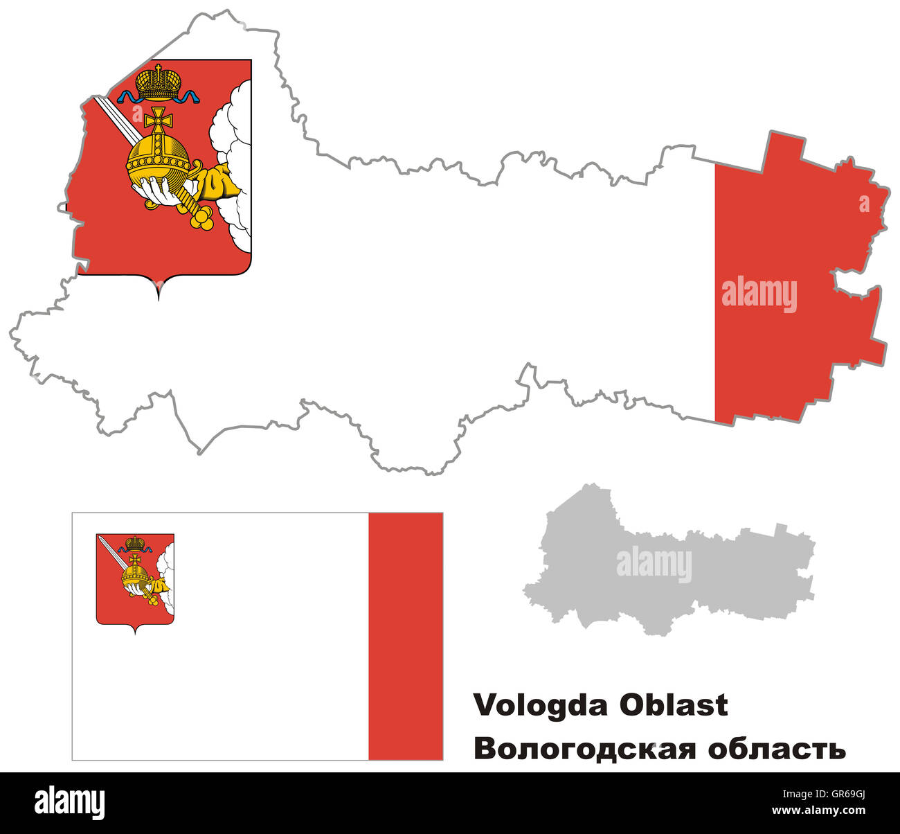 Outline map of Vologda Oblast with flag. Regions of Russia. Vector illustration. Stock Photo