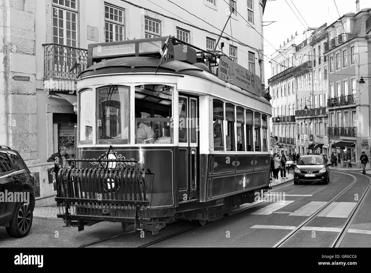Portugal, Lisbon: Historic tram in the streets of downtown Lisbon (bw) Stock Photo