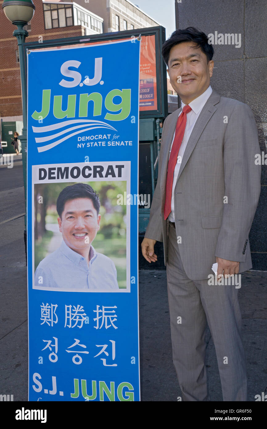 S. J. Jung, a Democratic candidate for the New York State senate campaigning in downtown Flushing, Queens, New York Stock Photo