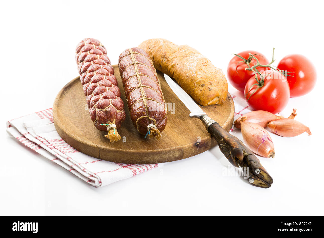 Metzgersalami, Bauernsalami, Tomaten, Chiabatta Stock Photo