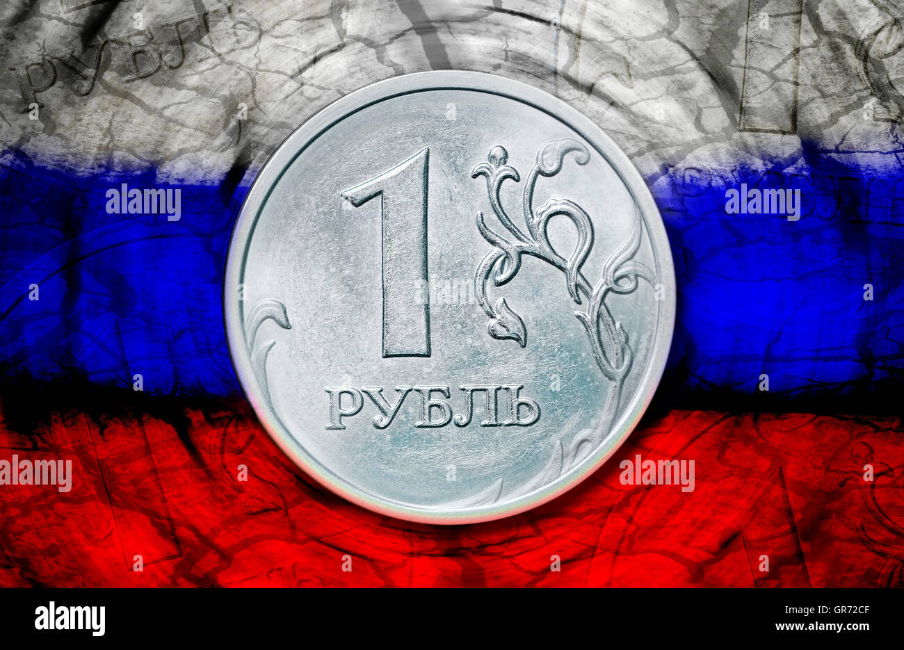 Ruble Coin In Front Of Russian Flag Stock Photo